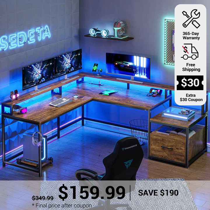 SEDETA 66 Inch L Shaped Gaming Desk Two Person Desk with Led Lights