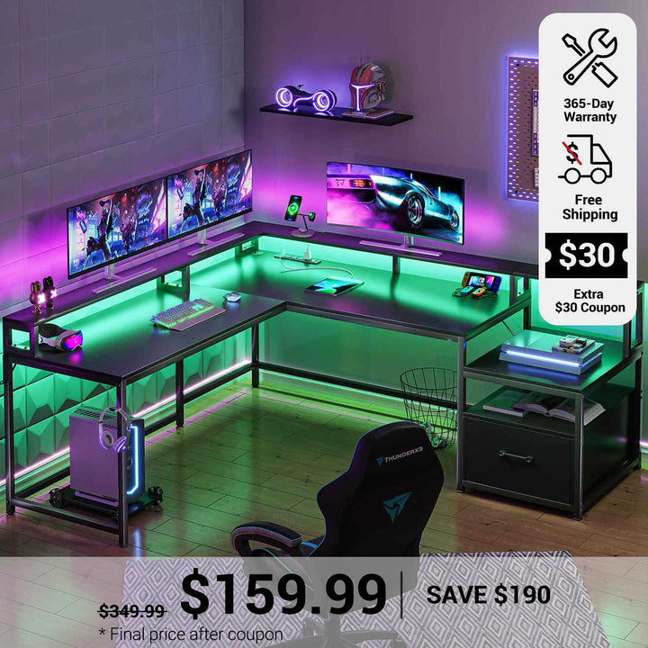 SEDETA 66 Inch L Shaped Gaming Desk Two Person Desk with Led Lights