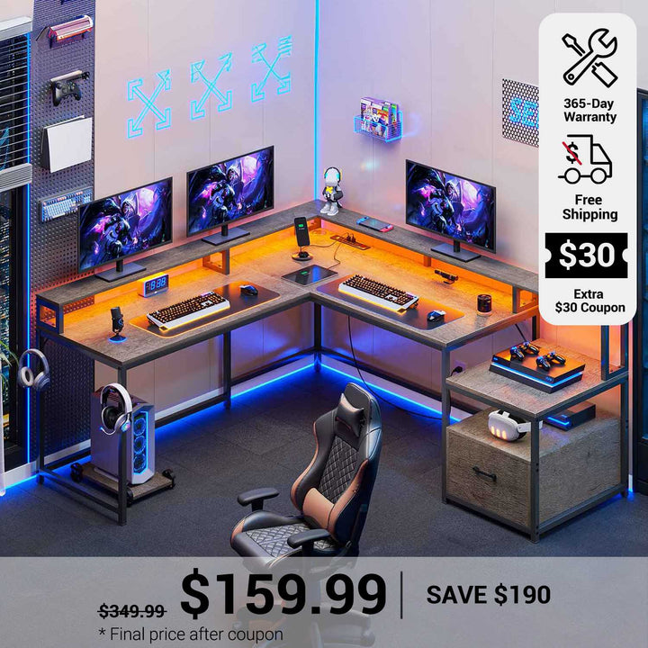 SEDETA 66 Inch L Shaped Gaming Desk Two Person Desk with Led Lights