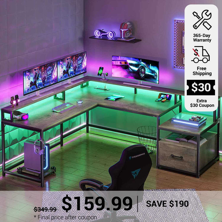 SEDETA 66 Inch L Shaped Gaming Desk Two Person Desk with Led Lights