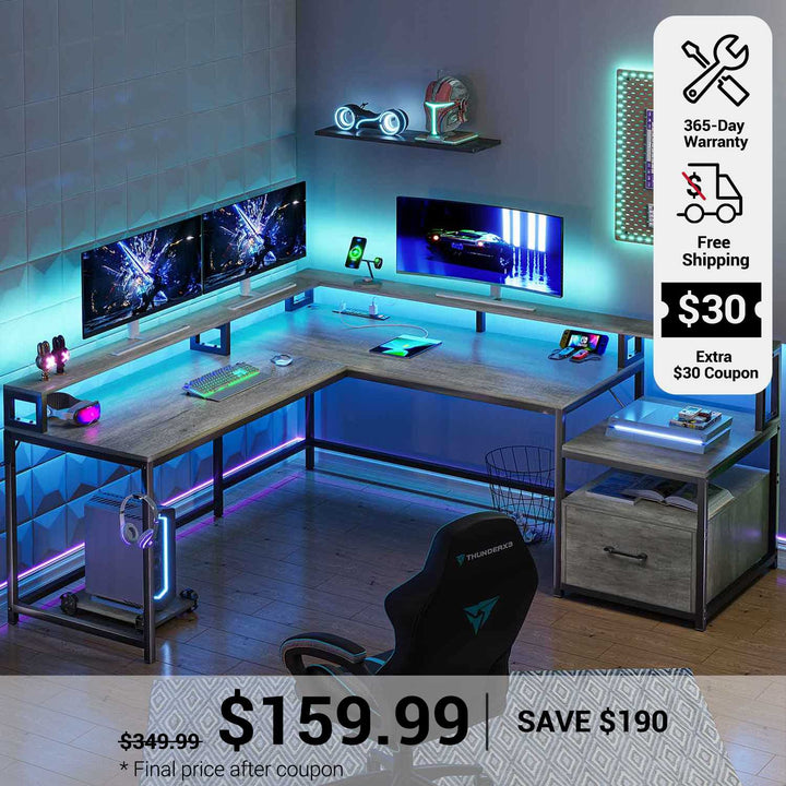 SEDETA 66 Inch L Shaped Gaming Desk Two Person Desk with Led Lights