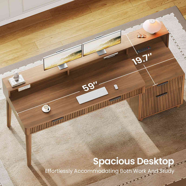 SEDETA® 59 Inch Fluted Wood Gaming Computer Desk with Storage Modern Office Desk with 4 Drawers LED Lights and Power Strip Writing Desk Study Table