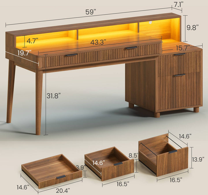 SEDETA® 59 Inch Fluted Wood Gaming Computer Desk with Storage Modern Office Desk with 4 Drawers LED Lights and Power Strip Writing Desk Study Table