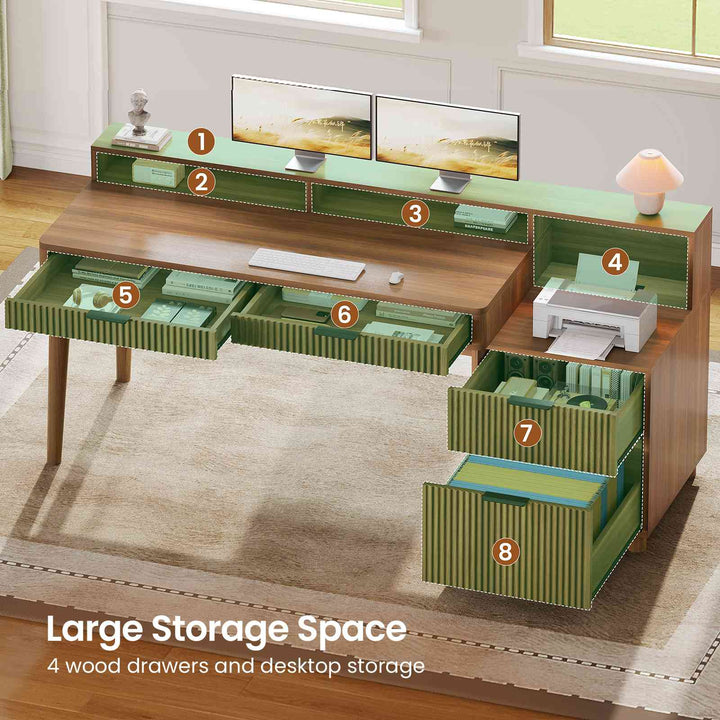 SEDETA® 59 Inch Fluted Wood Gaming Computer Desk with Storage Modern Office Desk with 4 Drawers LED Lights and Power Strip Writing Desk Study Table