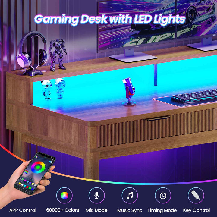 SEDETA® 59 Inch Fluted Wood Gaming Computer Desk with Storage Modern Office Desk with 4 Drawers LED Lights and Power Strip Writing Desk Study Table