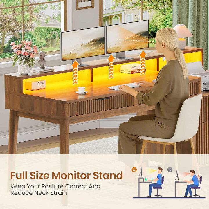 SEDETA® 59 Inch Fluted Wood Gaming Computer Desk with Storage Modern Office Desk with 4 Drawers LED Lights and Power Strip Writing Desk Study Table