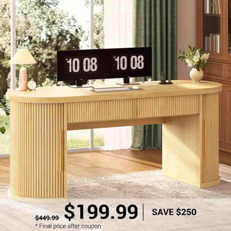 SEDETA | 58.3 Inch Executive Desk with 2 Drawers Office Desk with 2 Sliding Doors Power Strip Wood Fluted Long Computer Desk for Home Office