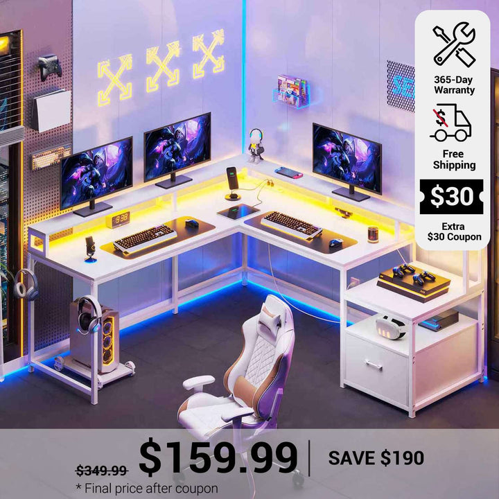 SEDETA 66 Inch L Shaped Gaming Desk Two Person Desk with Led Lights