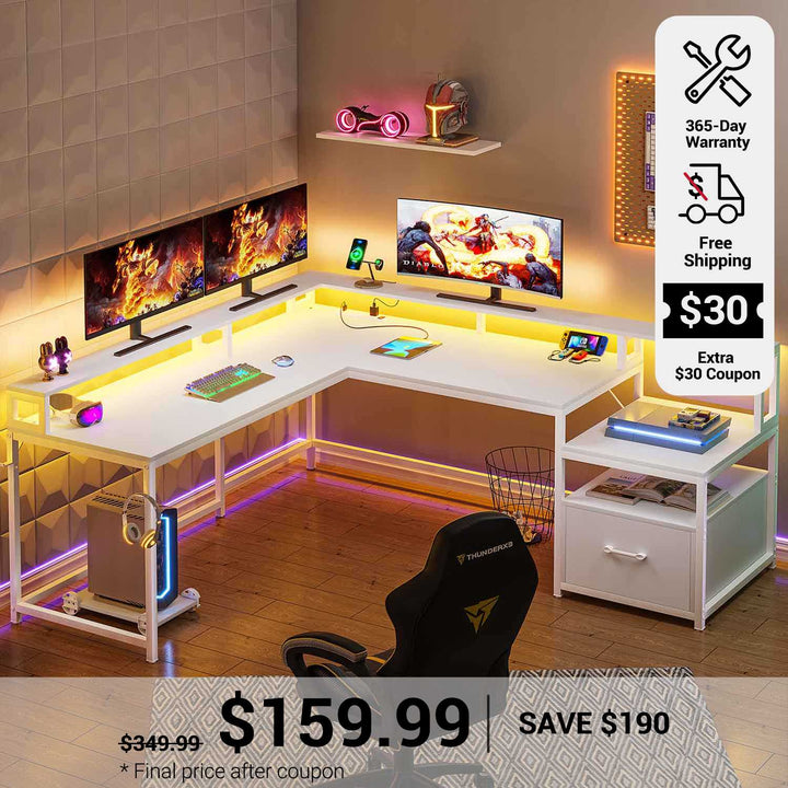 SEDETA 66 Inch L Shaped Gaming Desk Two Person Desk with Led Lights
