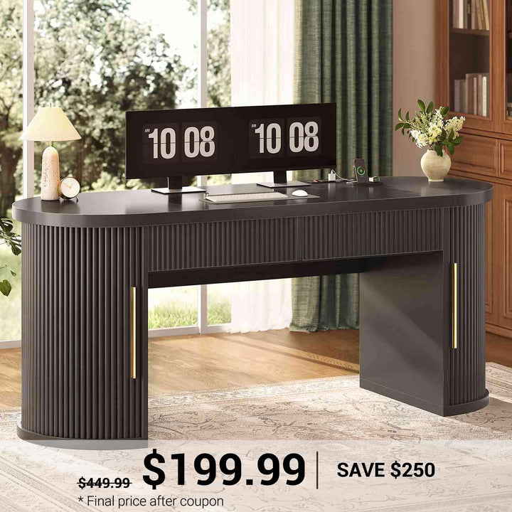 SEDETA® 58.3 Inch Fluted Long Computer Desk Executive Desk Wood Office Desk with 2 Drawers 2 Sliding Doors 4 Storage Shelves Power Strip