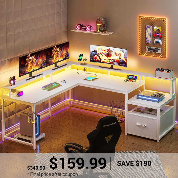 SEDETA 66 Inch L Shaped Gaming Desk Two Person Desk with Led Lights