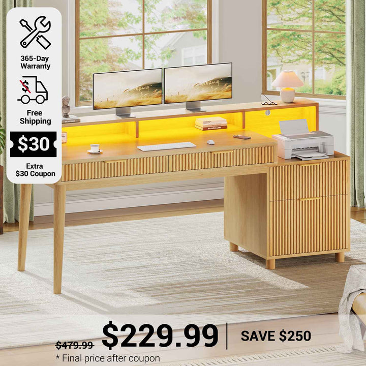 SEDETA 59 Inch Modern Office Desk with 4 Drawers Fluted Wood Gaming Computer Desk with Storage LED Lights and Power Strip Writing Desk Study Table