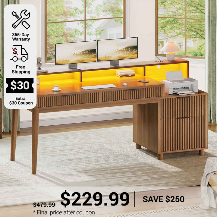 SEDETA 59 Inch Modern Office Desk with 4 Drawers Fluted Wood Gaming Computer Desk with Storage LED Lights and Power Strip Writing Desk Study Table