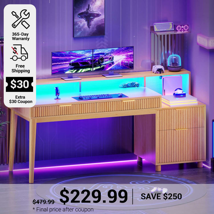 SEDETA 59 Inch Modern Office Desk with 4 Drawers Fluted Wood Gaming Computer Desk with Storage LED Lights and Power Strip Writing Desk Study Table