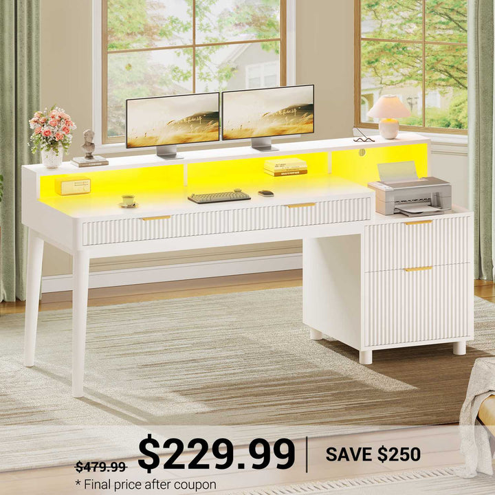 SEDETA 59 Inch Modern Office Desk with 4 Drawers Fluted Wood Gaming Computer Desk with Storage LED Lights and Power Strip Writing Desk Study Table