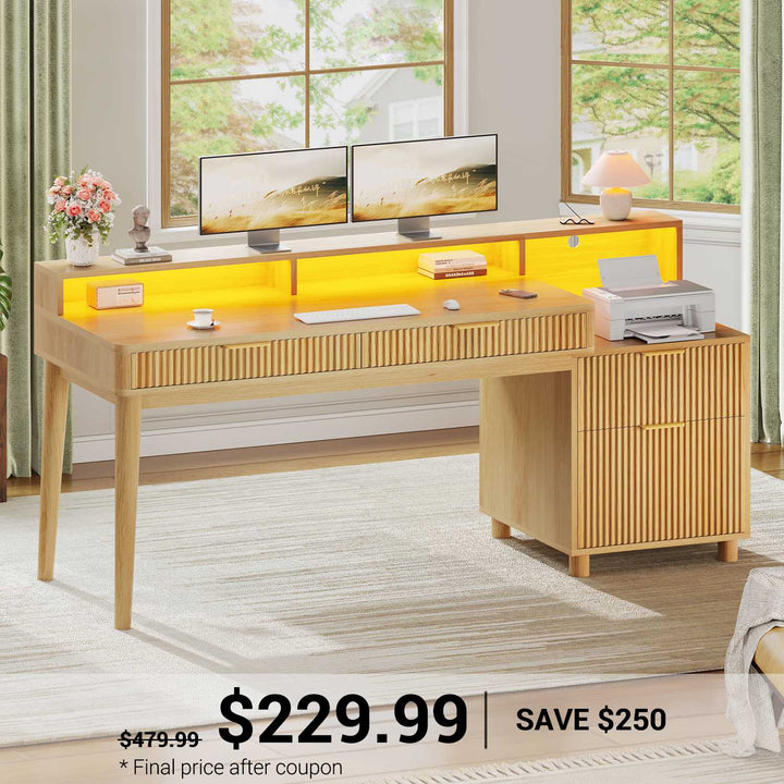 SEDETA 59 Inch Modern Office Desk with 4 Drawers Fluted Wood Gaming Computer Desk with Storage LED Lights and Power Strip Writing Desk Study Table