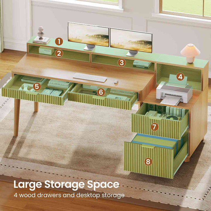 SEDETA® 59 Inch Fluted Wood Gaming Computer Desk with Storage Modern Office Desk with 4 Drawers LED Lights and Power Strip Writing Desk Study Table