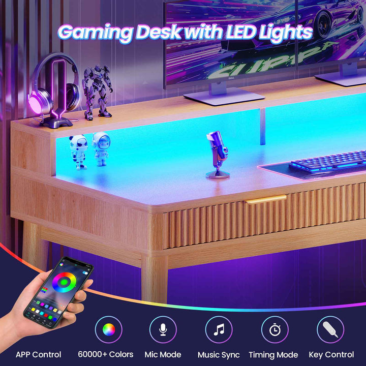 SEDETA® 59 Inch Fluted Wood Gaming Computer Desk with Storage Modern Office Desk with 4 Drawers LED Lights and Power Strip Writing Desk Study Table