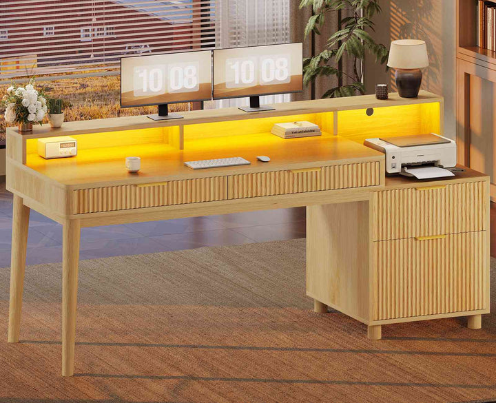 SEDETA® 59 Inch Fluted Wood Gaming Computer Desk with Storage Modern Office Desk with 4 Drawers LED Lights and Power Strip Writing Desk Study Table