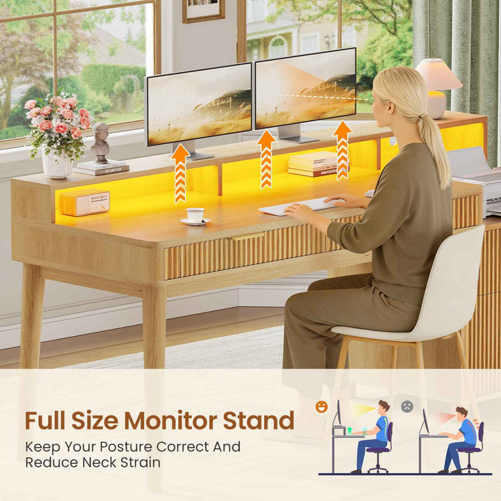 SEDETA® 59 Inch Fluted Wood Gaming Computer Desk with Storage Modern Office Desk with 4 Drawers LED Lights and Power Strip Writing Desk Study Table