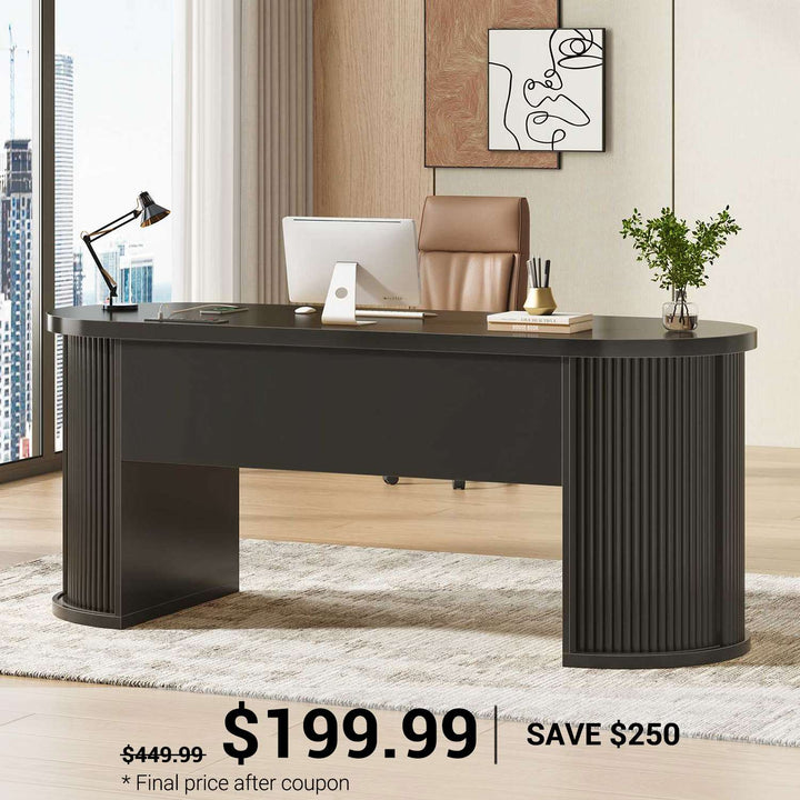 SEDETA® 58.3 Inch Fluted Long Computer Desk Executive Desk Wood Office Desk with 2 Drawers 2 Sliding Doors 4 Storage Shelves Power Strip