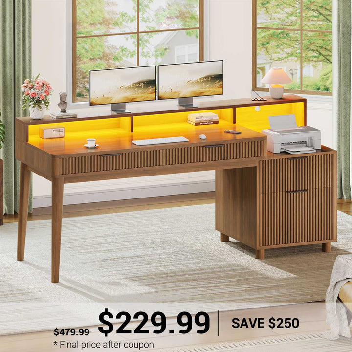 SEDETA 59 Inch Modern Office Desk with 4 Drawers Fluted Wood Gaming Computer Desk with Storage LED Lights and Power Strip Writing Desk Study Table