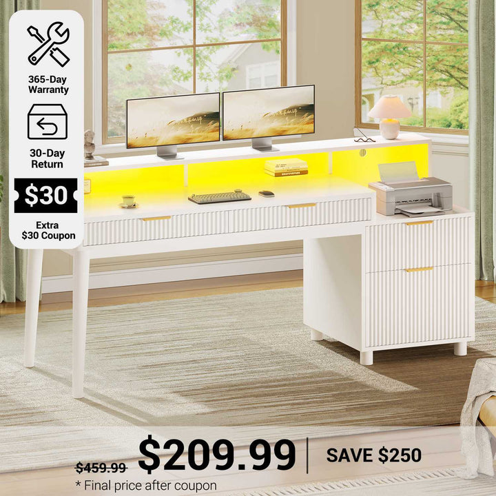 SEDETA® 59 Inch Fluted Wood Gaming Computer Desk with Storage Modern Office Desk with 4 Drawers LED Lights and Power Strip Writing Desk Study Table