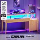 SEDETA® 59 Inch Fluted Wood Gaming Computer Desk with Storage Modern Office Desk with 4 Drawers LED Lights and Power Strip Writing Desk Study Table