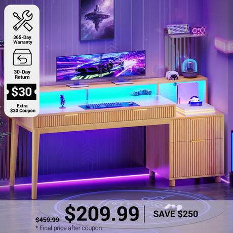 SEDETA® 59 Inch Fluted Wood Gaming Computer Desk with Storage Modern Office Desk with 4 Drawers LED Lights and Power Strip Writing Desk Study Table