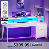 SEDETA® 59 Inch Fluted Wood Gaming Computer Desk with Storage Modern Office Desk with 4 Drawers LED Lights and Power Strip Writing Desk Study Table