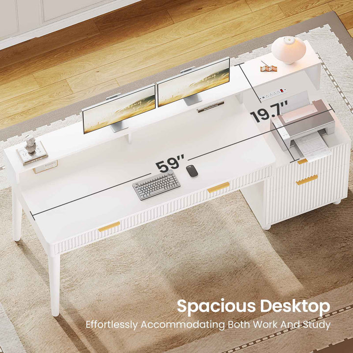 SEDETA® 59 Inch Fluted Wood Gaming Computer Desk with Storage Modern Office Desk with 4 Drawers LED Lights and Power Strip Writing Desk Study Table