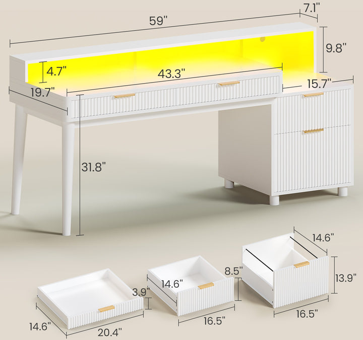 SEDETA® 59 Inch Fluted Wood Gaming Computer Desk with Storage Modern Office Desk with 4 Drawers LED Lights and Power Strip Writing Desk Study Table