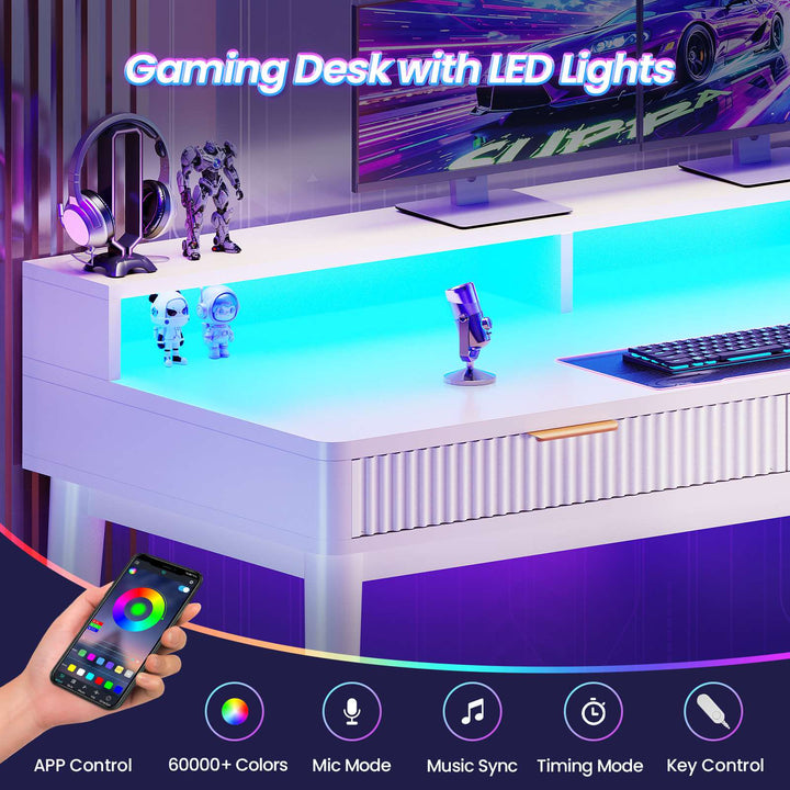 SEDETA® 59 Inch Fluted Wood Gaming Computer Desk with Storage Modern Office Desk with 4 Drawers LED Lights and Power Strip Writing Desk Study Table