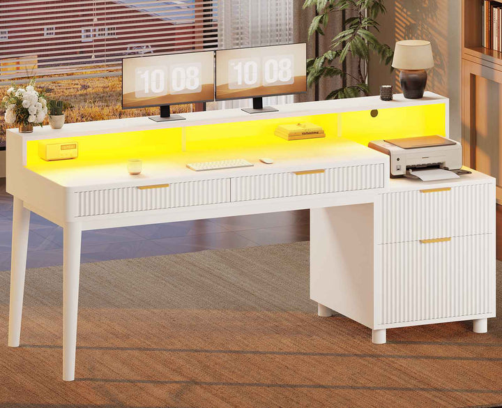 SEDETA® 59 Inch Fluted Wood Gaming Computer Desk with Storage Modern Office Desk with 4 Drawers LED Lights and Power Strip Writing Desk Study Table