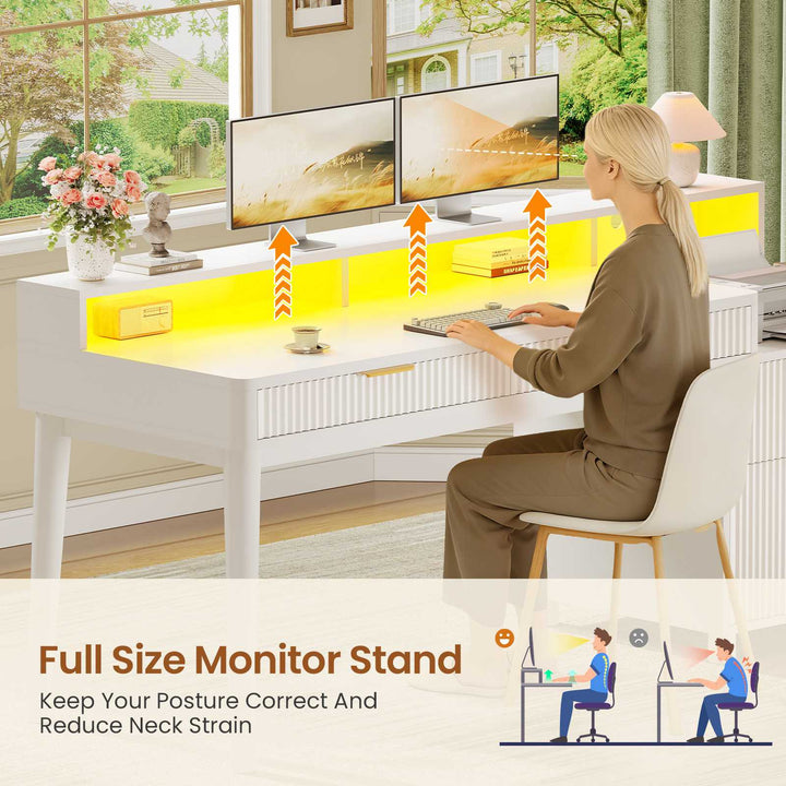 SEDETA® 59 Inch Fluted Wood Gaming Computer Desk with Storage Modern Office Desk with 4 Drawers LED Lights and Power Strip Writing Desk Study Table