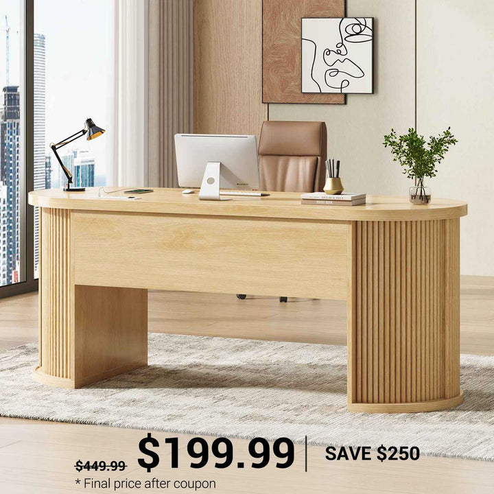 SEDETA® 58.3 Inch Fluted Long Computer Desk Executive Desk Wood Office Desk with 2 Drawers 2 Sliding Doors 4 Storage Shelves Power Strip