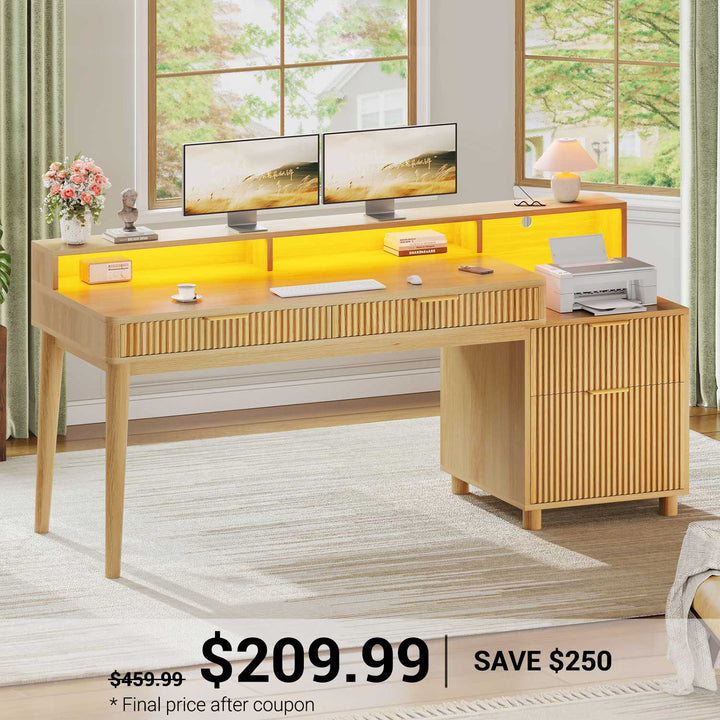 SEDETA® 59 Inch Fluted Wood Gaming Computer Desk with Storage Modern Office Desk with 4 Drawers LED Lights and Power Strip Writing Desk Study Table