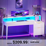 SEDETA | 59 Inch Fluted Gaming Computer Desk Modern Office Desk Writing Desk Study Table with LED Lights 4 Drawers Power Strip