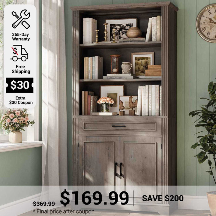 SEDETA 70 Inch Farmhouse Bookcases with Doors and Drawer Floor Standing 6 Shelf Display Storage Shelves