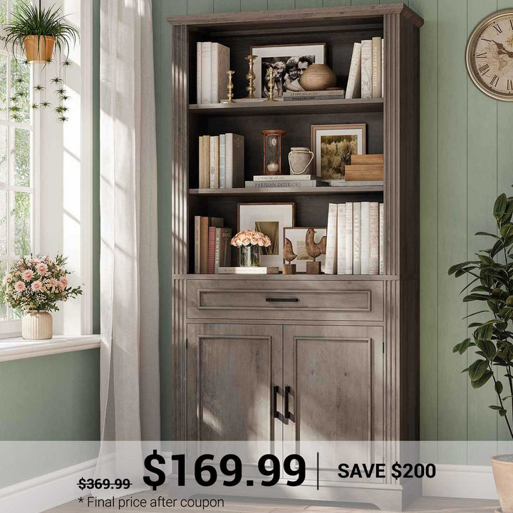 SEDETA 70 Inch Farmhouse Bookcases with Doors and Drawer Floor Standing 6 Shelf Display Storage Shelves