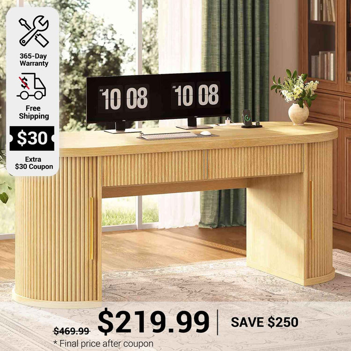 SEDETA 58.3 Inch Office Desk with 2 Drawers Fluted Long Computer Desk with 2 Sliding Doors Storage and Power Strip Wood Executive Desk for Home Office