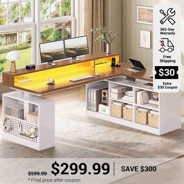 SEDETA 63 Inch Electric Standing Desk L Shaped Height Adjustable Gaming Computer Desk with Storage Shelves LED Lights Power Outlet and Pegboard