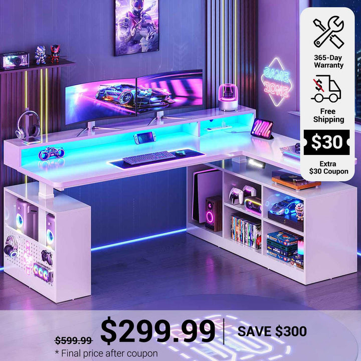 SEDETA 63 Inch Electric Standing Desk L Shaped Height Adjustable Gaming Computer Desk with Storage Shelves LED Lights Power Outlet and Pegboard