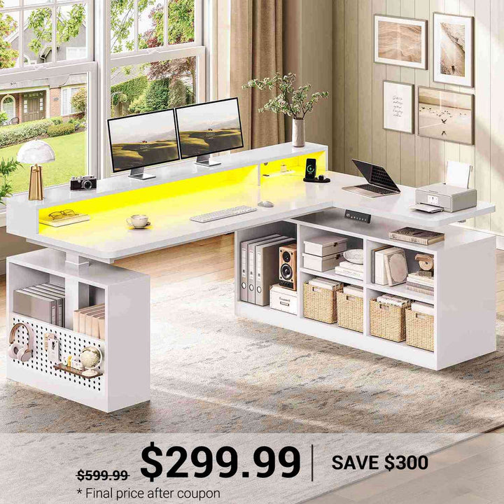 SEDETA 63 Inch Electric Standing Desk L Shaped Height Adjustable Gaming Computer Desk with Storage Shelves LED Lights Power Outlet and Pegboard