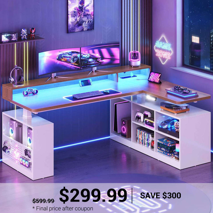 SEDETA 63 Inch Electric Standing Desk L Shaped Height Adjustable Gaming Computer Desk with Storage Shelves LED Lights Power Outlet and Pegboard