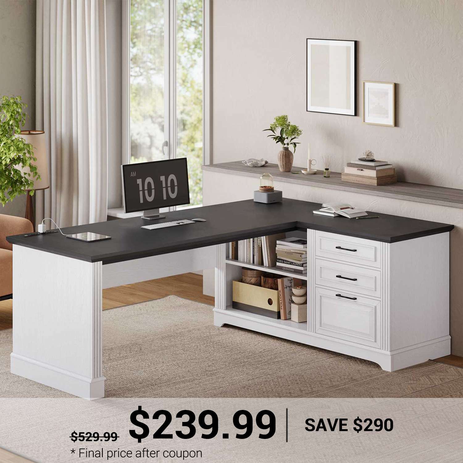 SEDETA 61 Inch Farmhouse Executive L Shaped Desk with File Drawers Pow