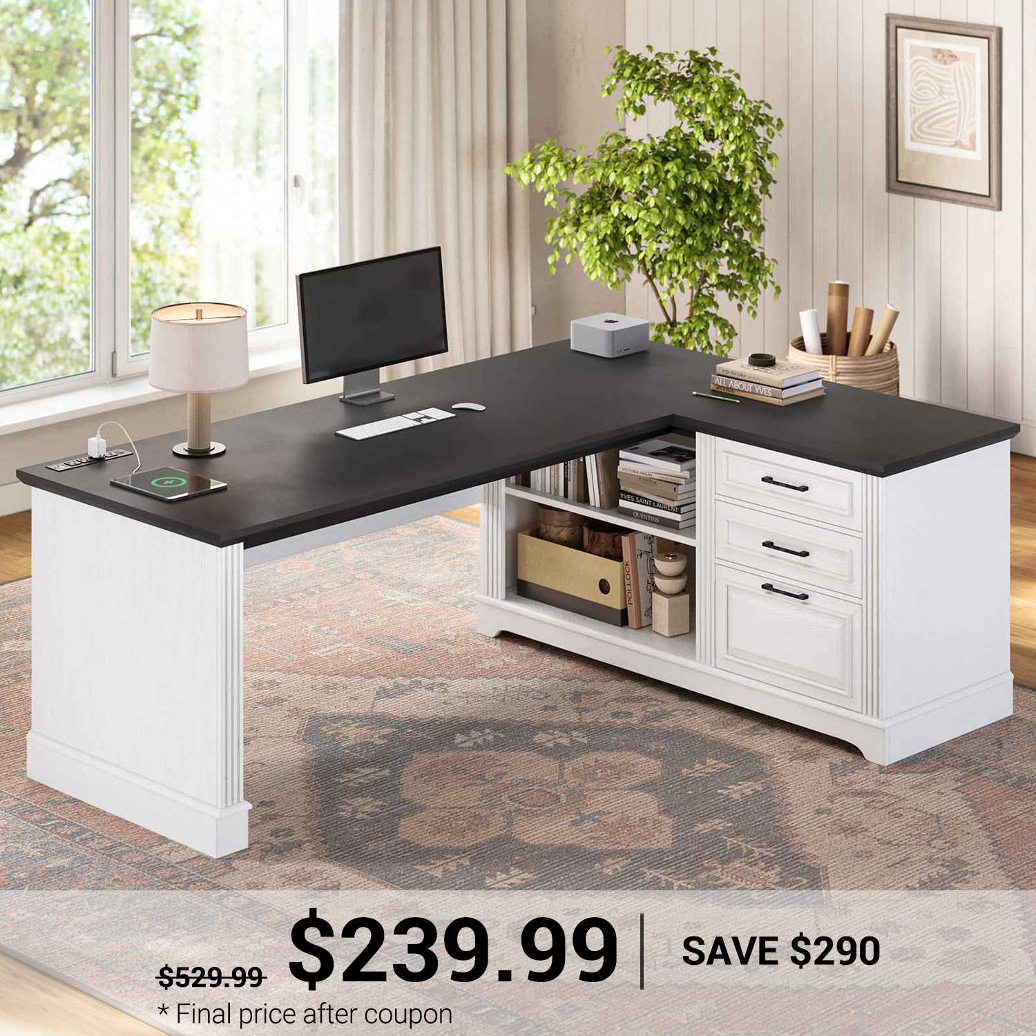 SEDETA 61 Inch Farmhouse Executive L Shaped Desk with File Drawers Pow