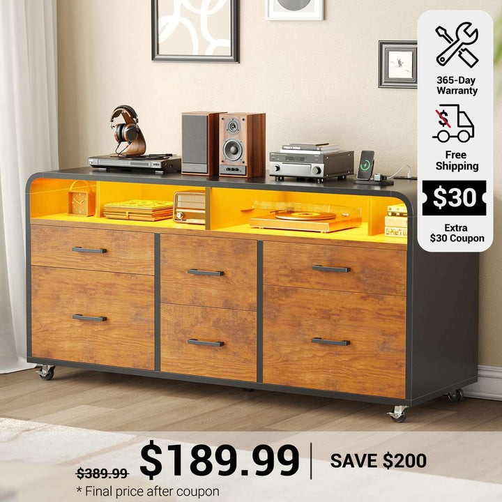 SEDETA 47 Inch 6 Drawer File Cabinet with Power Strip Wood Mobile Lateral Filing Cabinet with Printer Stand Storage Shelf Led Lights