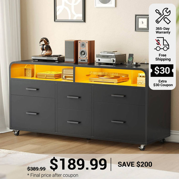SEDETA 47 Inch 6 Drawer File Cabinet with Power Strip Wood Mobile Lateral Filing Cabinet with Printer Stand Storage Shelf Led Lights