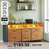 SEDETA 47 Inch 6 Drawer File Cabinet with Power Strip Wood Mobile Lateral Filing Cabinet with Printer Stand Storage Shelf Led Lights